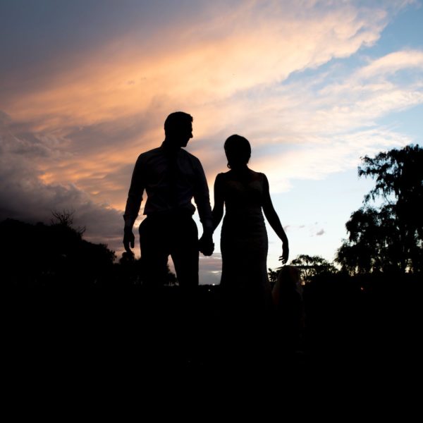 silhouette photography of woman and man standing near trees